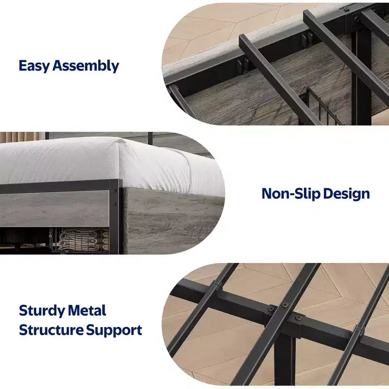 Industrial Metal Platform Bed Frame – 4 Storage Drawers, LED Light & Charging Station