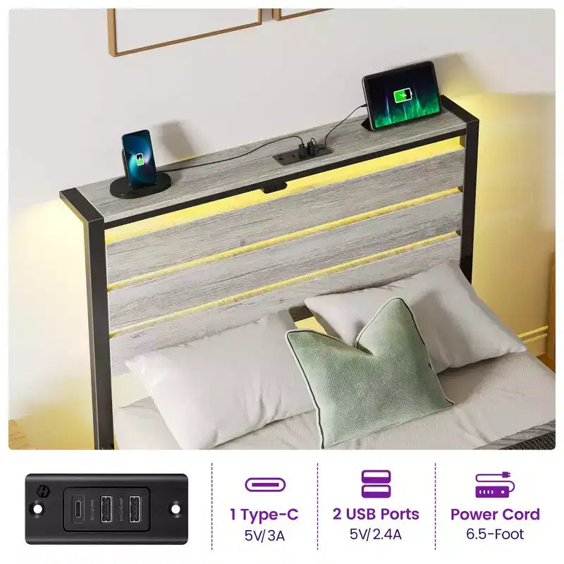 Industrial Metal Platform Bed Frame – 4 Storage Drawers, LED Light & Charging Station