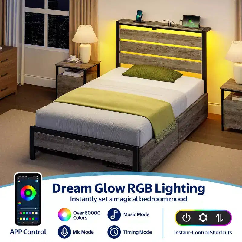 Industrial Metal Platform Bed Frame – 4 Storage Drawers, LED Light & Charging Station