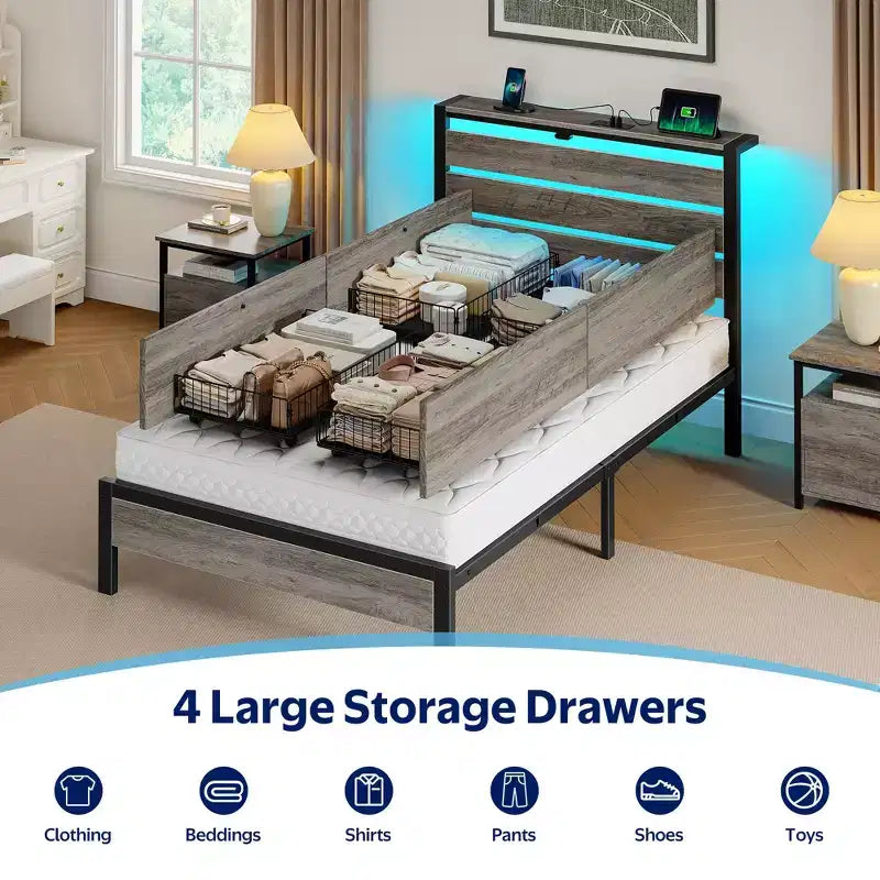 Industrial Metal Platform Bed Frame – 4 Storage Drawers, LED Light & Charging Station