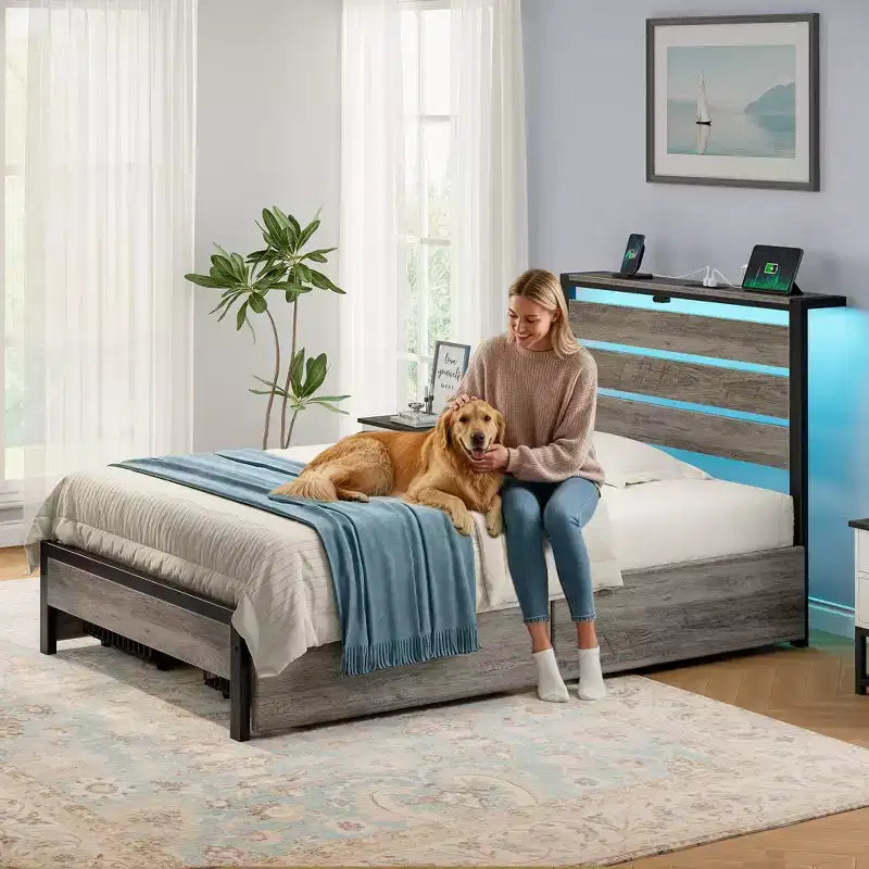 Industrial Metal Platform Bed Frame – 4 Storage Drawers, LED Light & Charging Station