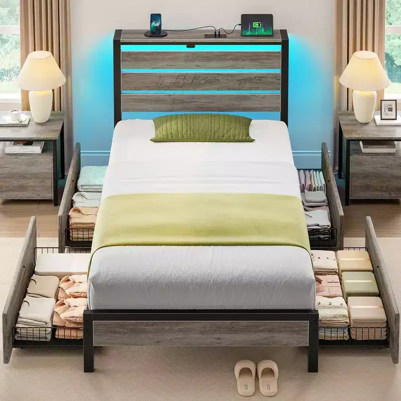 Industrial Metal Platform Bed Frame – 4 Storage Drawers, LED Light & Charging Station