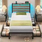 Industrial Metal Platform Bed Frame – 4 Storage Drawers, LED Light & Charging Station