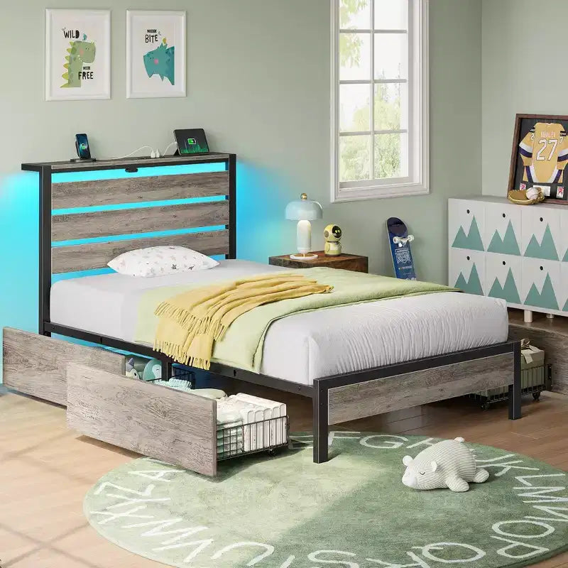Industrial Metal Platform Bed Frame – 4 Storage Drawers, LED Light & Charging Station