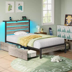 Industrial Metal Platform Bed Frame – 4 Storage Drawers, LED Light & Charging Station