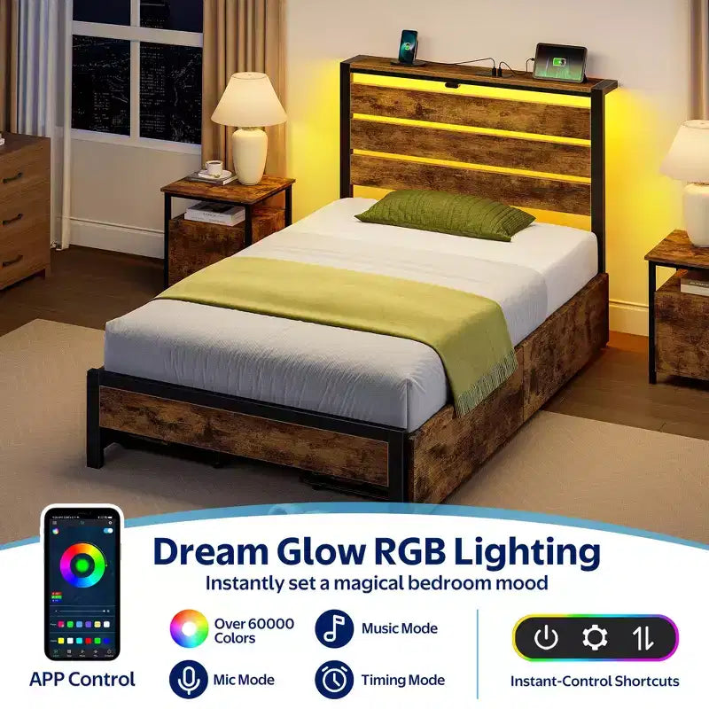 Industrial Metal Platform Bed Frame – 4 Storage Drawers, LED Light & Charging Station
