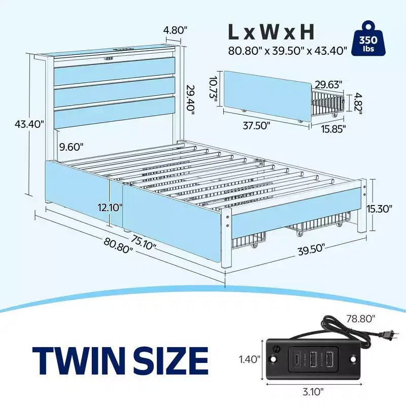 Industrial Metal Platform Bed Frame – 4 Storage Drawers, LED Light & Charging Station