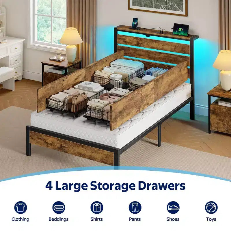 Industrial Metal Platform Bed Frame – 4 Storage Drawers, LED Light & Charging Station