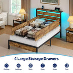 Industrial Metal Platform Bed Frame – 4 Storage Drawers, LED Light & Charging Station