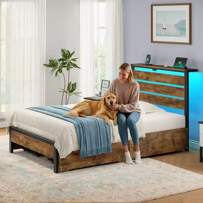 Industrial Metal Platform Bed Frame – 4 Storage Drawers, LED Light & Charging Station