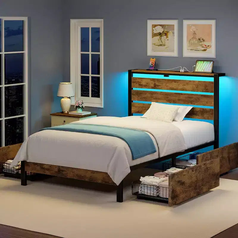 Industrial Metal Platform Bed Frame – 4 Storage Drawers, LED Light & Charging Station