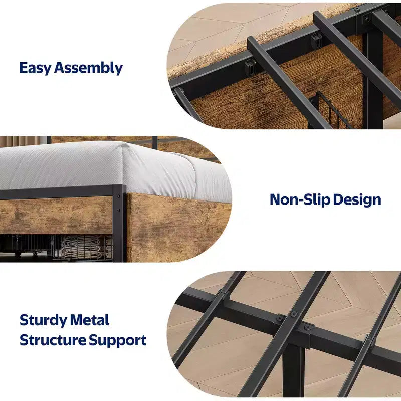 Industrial Metal Platform Bed Frame – 4 Storage Drawers, LED Light & Charging Station