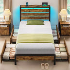 Industrial Metal Platform Bed Frame – 4 Storage Drawers, LED Light & Charging Station
