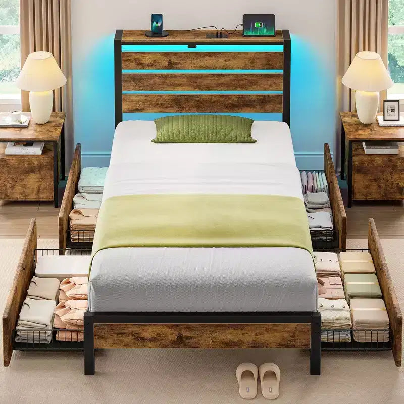 Industrial Metal Platform Bed Frame – 4 Storage Drawers, LED Light & Charging Station