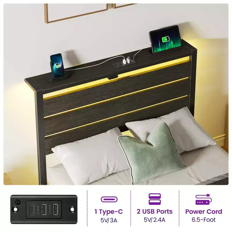 Industrial Metal Platform Bed Frame – 4 Storage Drawers, LED Light & Charging Station