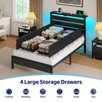 Industrial Metal Platform Bed Frame – 4 Storage Drawers, LED Light & Charging Station