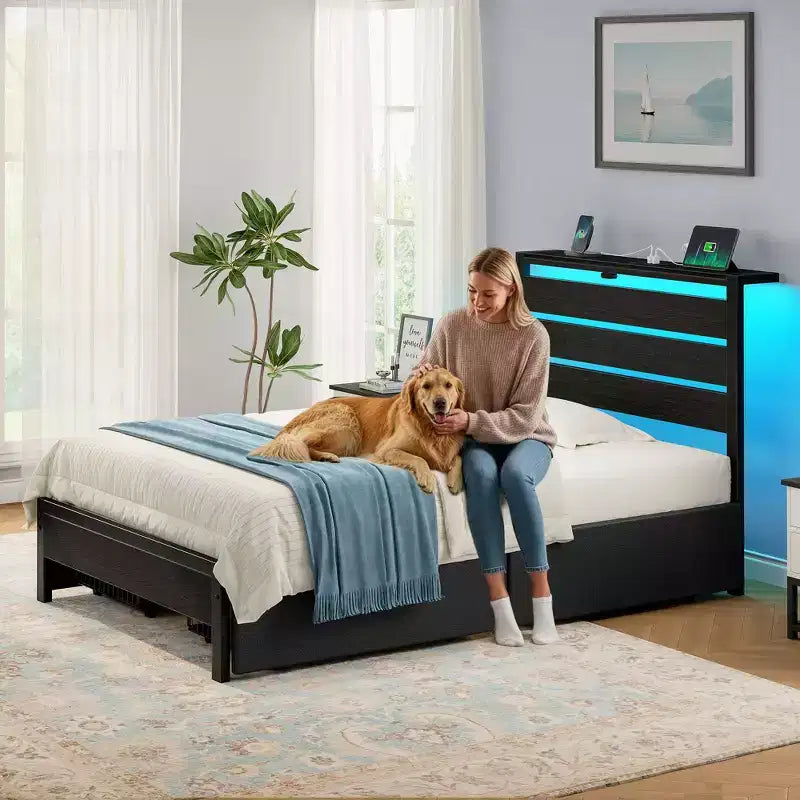 Industrial Metal Platform Bed Frame – 4 Storage Drawers, LED Light & Charging Station