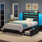 Industrial Metal Platform Bed Frame – 4 Storage Drawers, LED Light & Charging Station