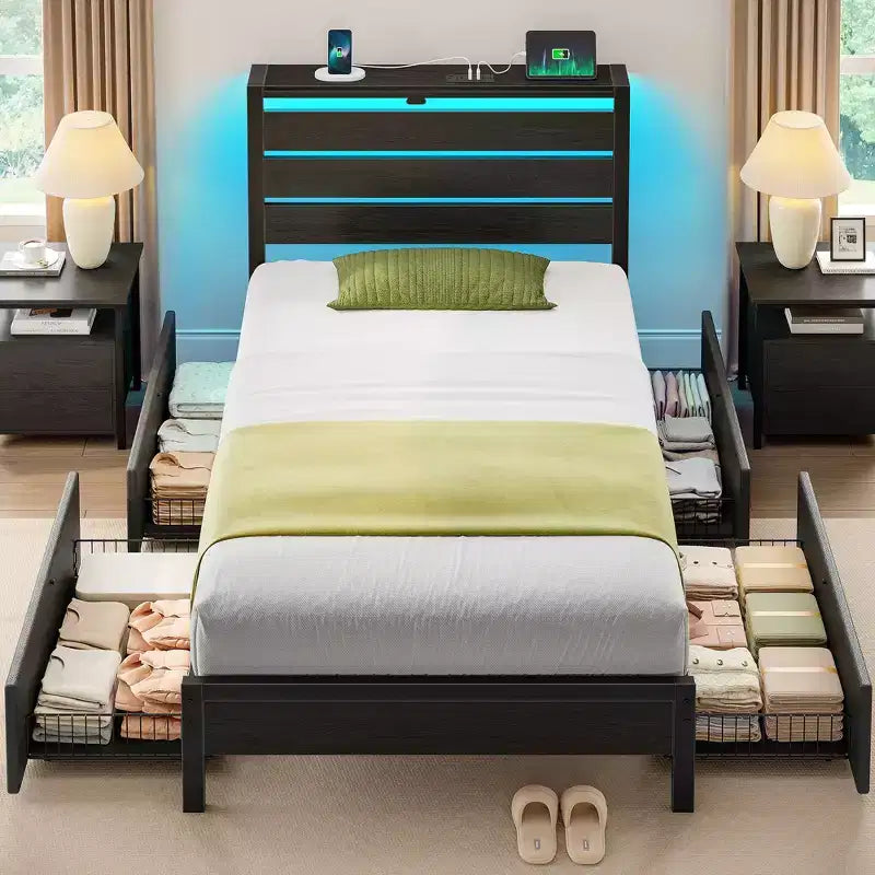 Industrial Metal Platform Bed Frame – 4 Storage Drawers, LED Light & Charging Station