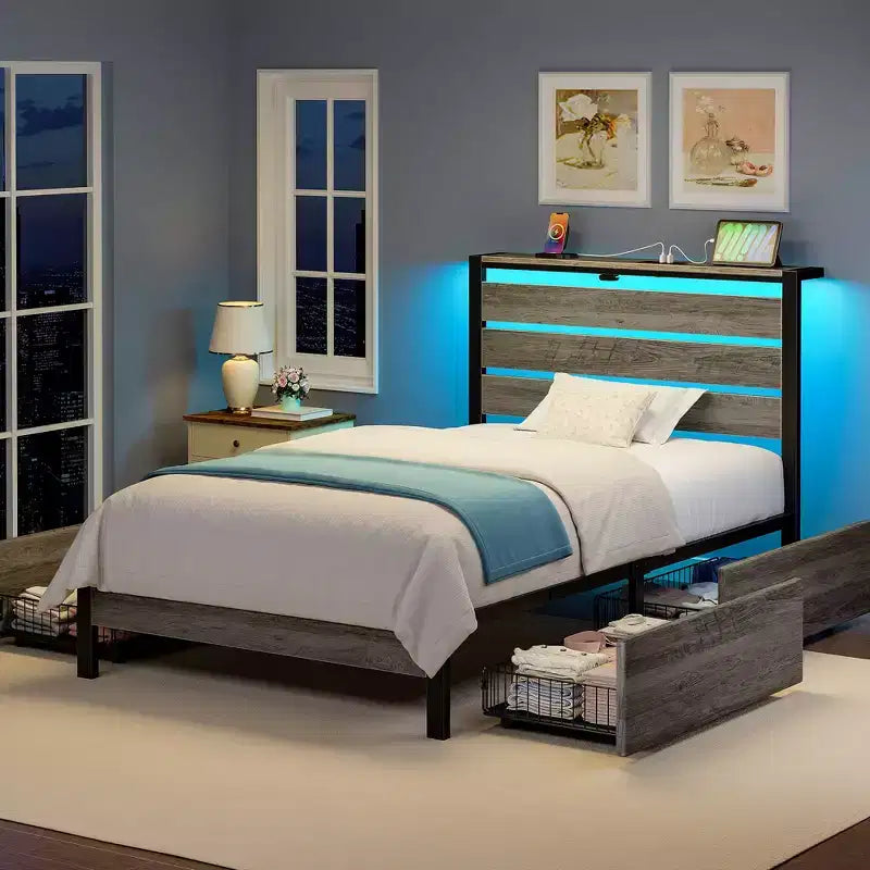 Industrial Metal Platform Bed Frame – 4 Storage Drawers, LED Light & Charging Station