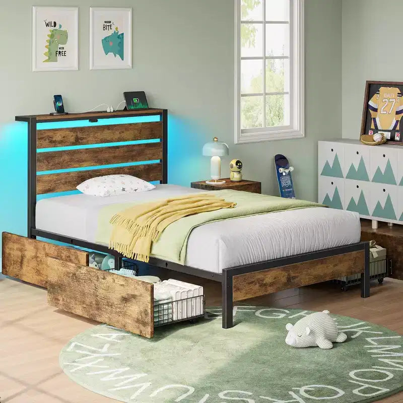Industrial Metal Platform Bed Frame – 4 Storage Drawers, LED Light & Charging Station
