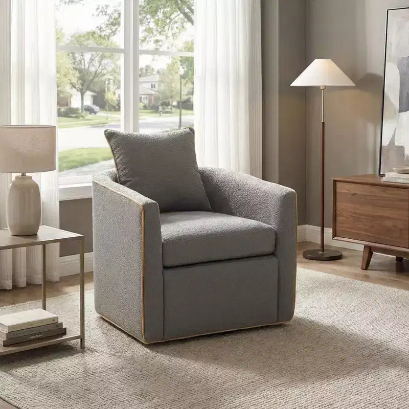 Modern Boucle Upholstered 360° Swivel Accent Chair – Iron Frame, Living Room