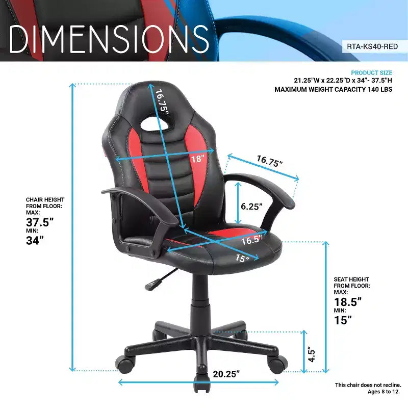 Kids' Ergonomic Gaming Chair – 360° Swivel, Wheels, Computer & Home Office, Black/Red