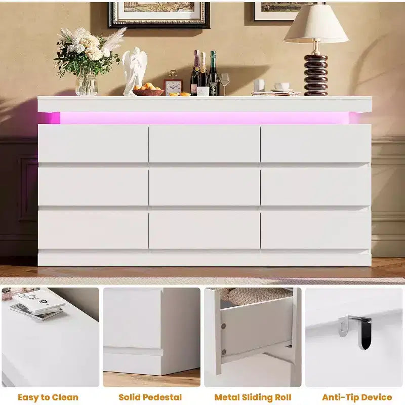9-Drawer Dresser with Power Ports – 63" Wide Chest & TV Stand, Bedroom Storage Cabinet