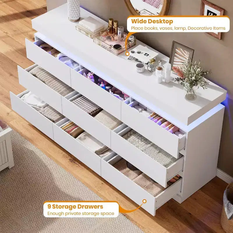 9-Drawer Dresser with Power Ports – 63" Wide Chest & TV Stand, Bedroom Storage Cabinet
