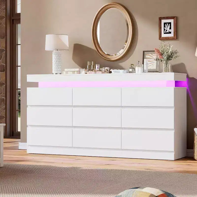 9-Drawer Dresser with Power Ports – 63" Wide Chest & TV Stand, Bedroom Storage Cabinet