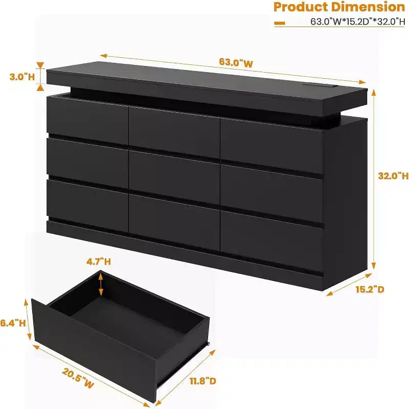 9-Drawer Dresser with Power Ports – 63" Wide Chest & TV Stand, Bedroom Storage Cabinet