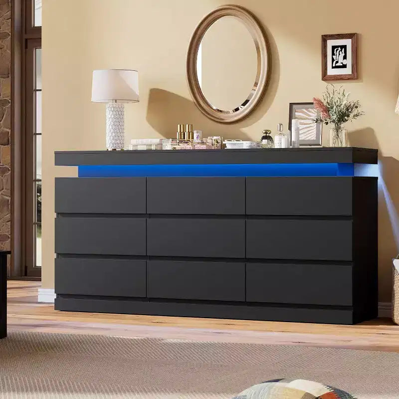 9-Drawer Dresser with Power Ports – 63" Wide Chest & TV Stand, Bedroom Storage Cabinet