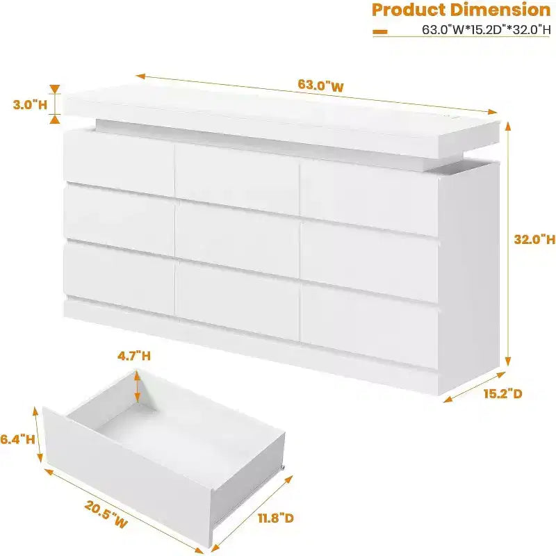 9-Drawer Dresser with Power Ports – 63" Wide Chest & TV Stand, Bedroom Storage Cabinet