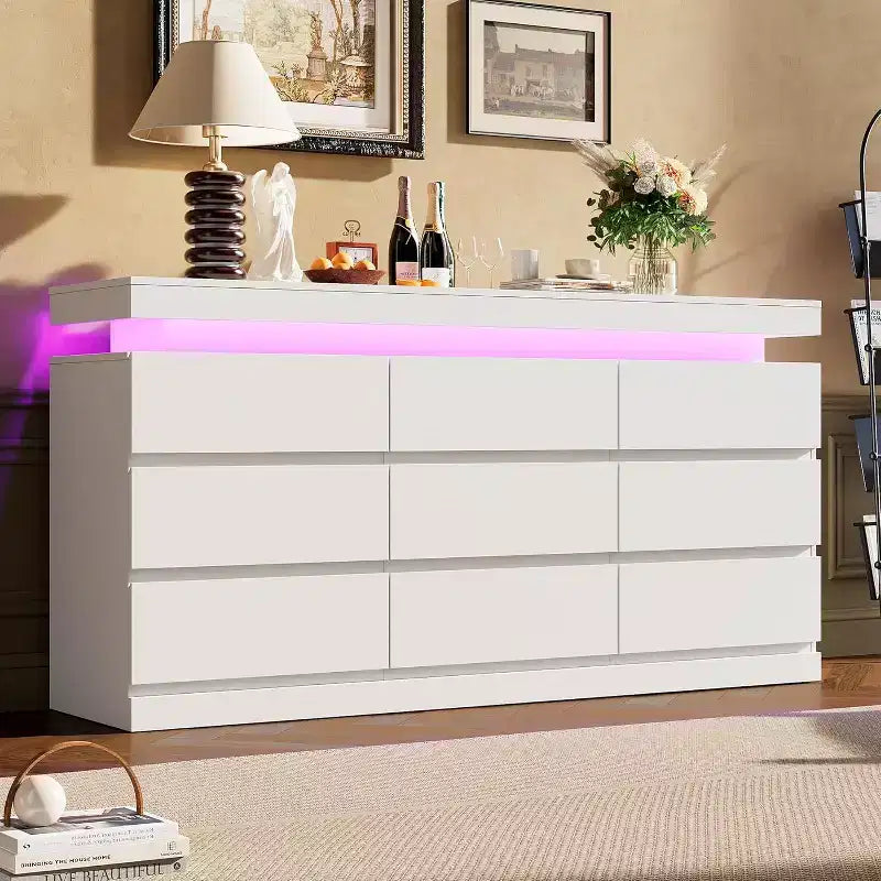 9-Drawer Dresser with Power Ports – 63" Wide Chest & TV Stand, Bedroom Storage Cabinet
