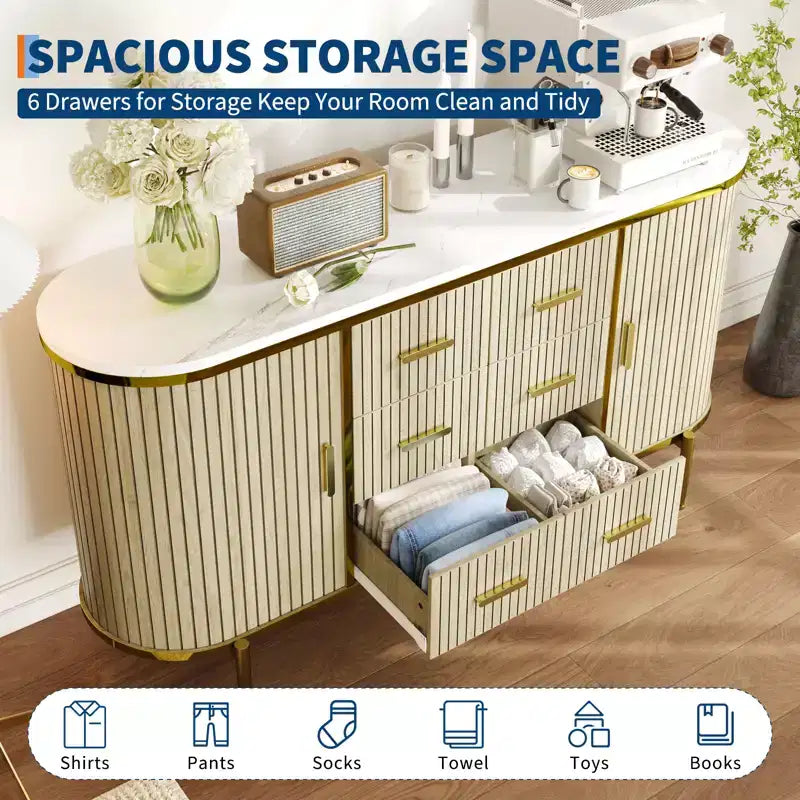 47 keinomarmori mid-century modern -tyylinen sivupöytä buffet-kaappi, uurrettu säilytyskonsoli 3 laatikolla ja metallijaloilla ruokasaliin, olohuoneeseen ja eteiseen