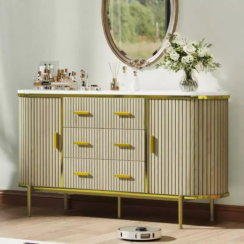 47 keinomarmori mid-century modern -tyylinen sivupöytä buffet-kaappi, uurrettu säilytyskonsoli 3 laatikolla ja metallijaloilla ruokasaliin, olohuoneeseen ja eteiseen