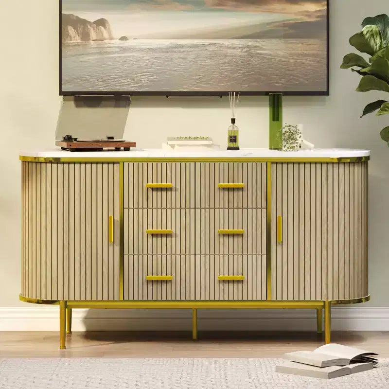 47 keinomarmori mid-century modern -tyylinen sivupöytä buffet-kaappi, uurrettu säilytyskonsoli 3 laatikolla ja metallijaloilla ruokasaliin, olohuoneeseen ja eteiseen