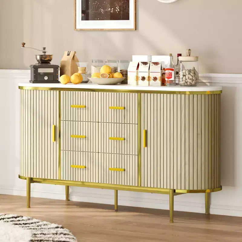 47 keinomarmori mid-century modern -tyylinen sivupöytä buffet-kaappi, uurrettu säilytyskonsoli 3 laatikolla ja metallijaloilla ruokasaliin, olohuoneeseen ja eteiseen