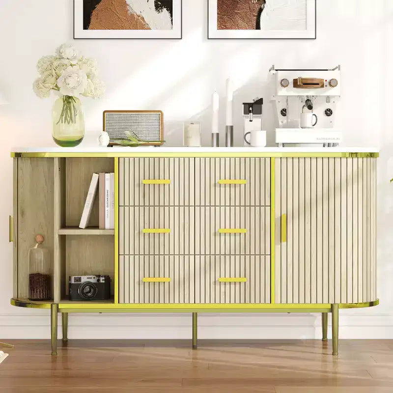47 keinomarmori mid-century modern -tyylinen sivupöytä buffet-kaappi, uurrettu säilytyskonsoli 3 laatikolla ja metallijaloilla ruokasaliin, olohuoneeseen ja eteiseen