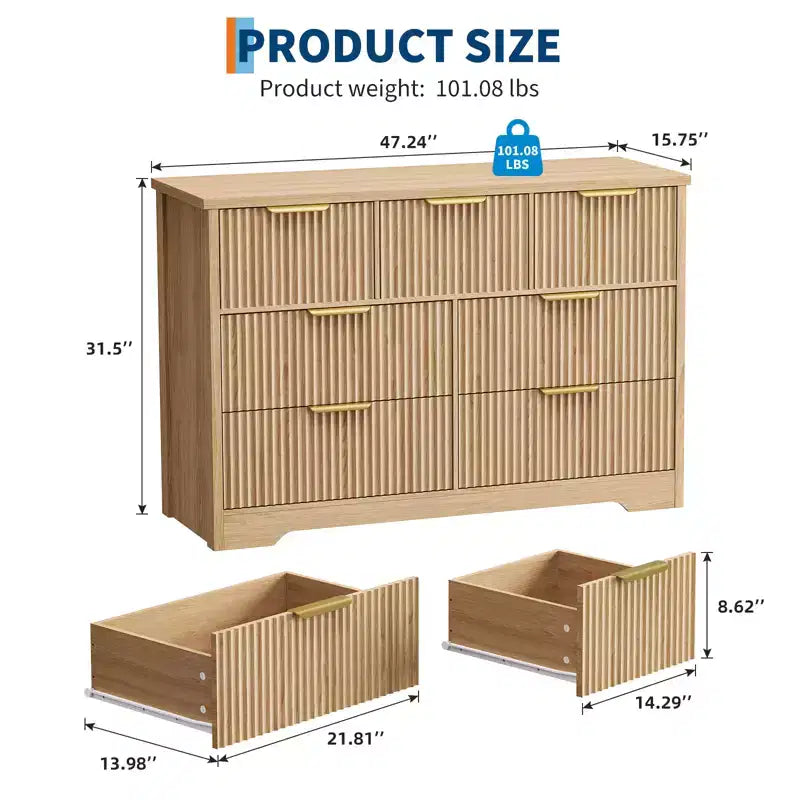 Commode à 7 tiroirs cannelés pour chambre – Commode en bois de 47,24 pouces de large avec poignées en métal, organisateur de rangement moderne et meuble TV console multimédia