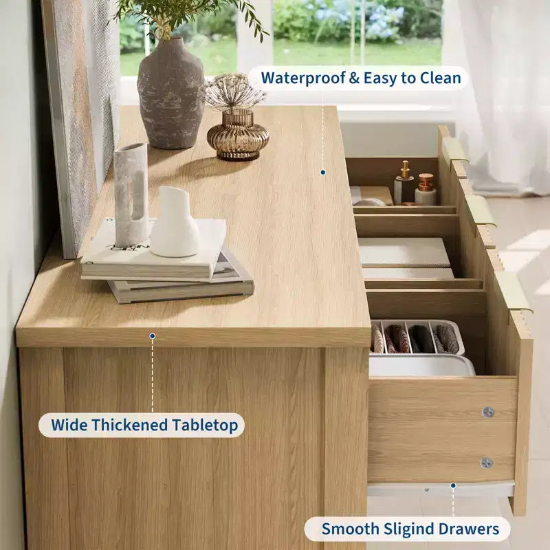 Commode à 7 tiroirs cannelés pour chambre – Commode en bois de 47,24 pouces de large avec poignées en métal, organisateur de rangement moderne et meuble TV console multimédia