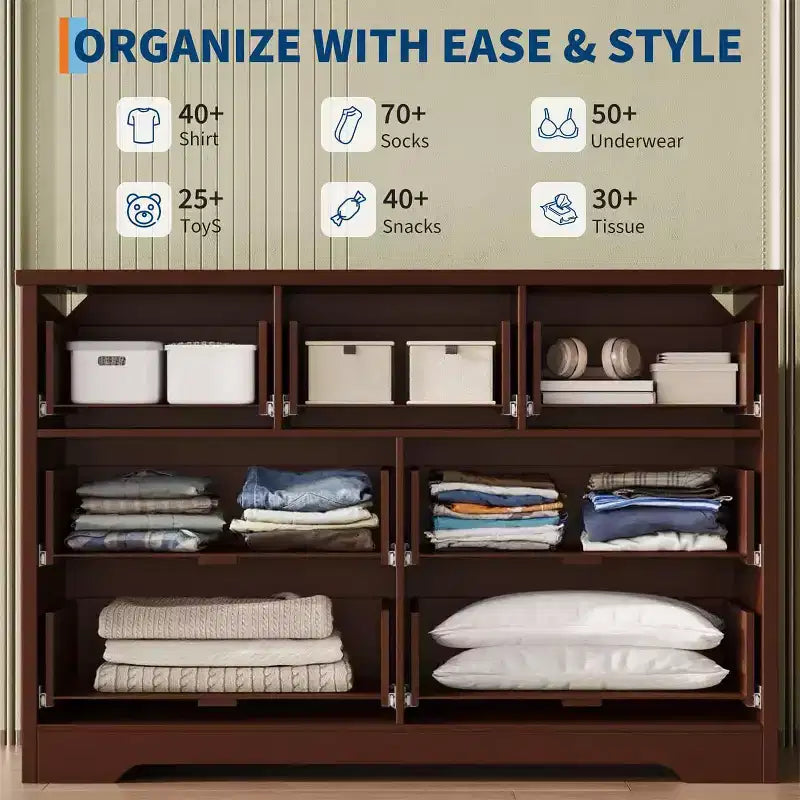 Commode à 7 tiroirs cannelés pour chambre – Commode en bois de 47,24 pouces de large avec poignées en métal, organisateur de rangement moderne et meuble TV console multimédia