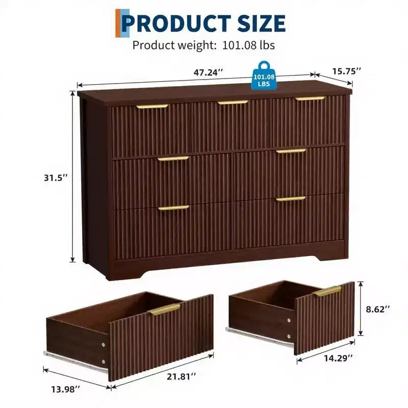 Commode à 7 tiroirs cannelés pour chambre – Commode en bois de 47,24 pouces de large avec poignées en métal, organisateur de rangement moderne et meuble TV console multimédia