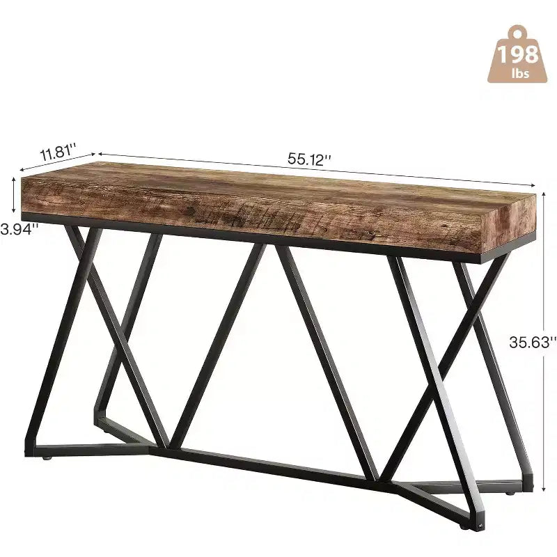 Mesa consola industrial de 55" – Mesa de sofá de madera, base metálica geométrica, marrón rústico