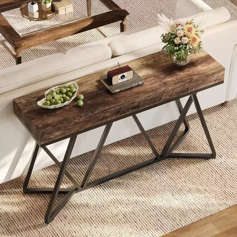 Mesa consola industrial de 55" – Mesa de sofá de madera, base metálica geométrica, marrón rústico