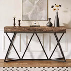 Mesa consola industrial de 55" – Mesa de sofá de madera, base metálica geométrica, marrón rústico