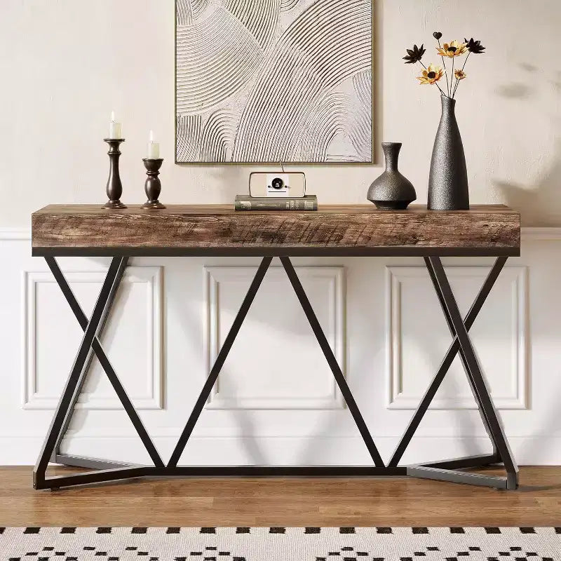 55" Industrial Console Table – Wooden Sofa Table, Geometric Metal Base, Rustic Brown
