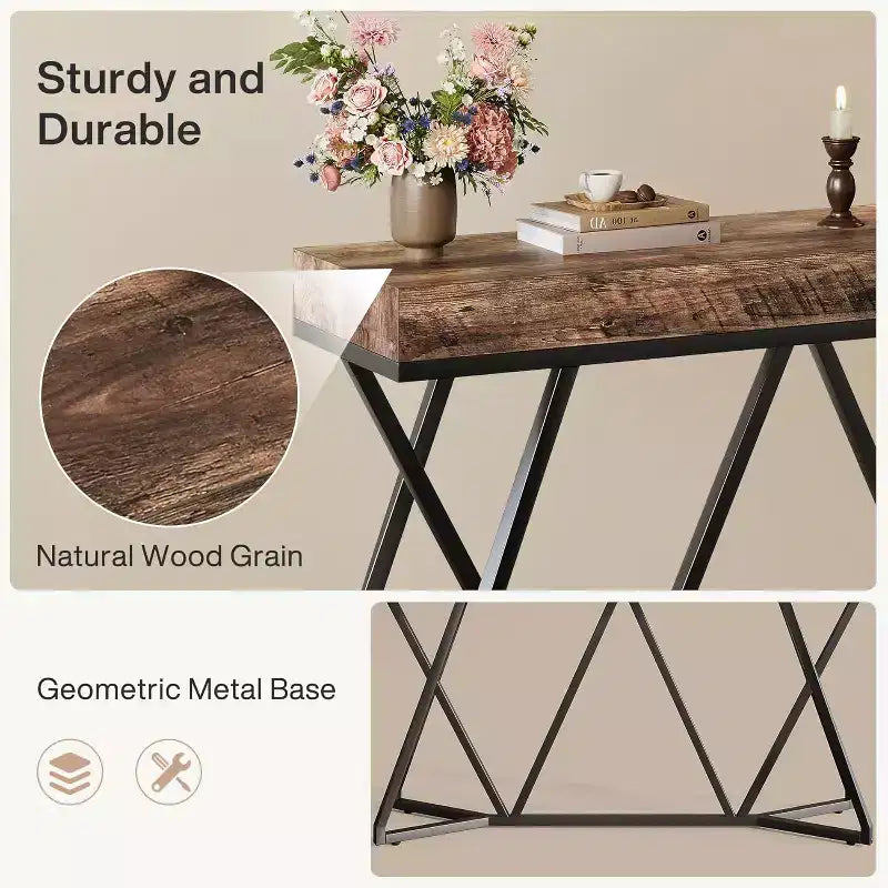 55" Industrial Console Table – Wooden Sofa Table, Geometric Metal Base, Rustic Brown