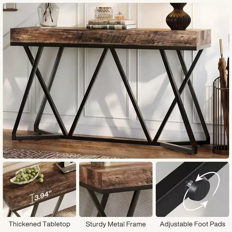 Mesa consola industrial de 55" – Mesa de sofá de madera, base metálica geométrica, marrón rústico