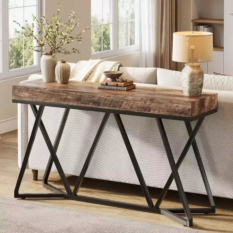 Mesa consola industrial de 55" – Mesa de sofá de madera, base metálica geométrica, marrón rústico